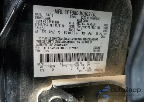 2016 Ford F350 Super Duty z USA, uszkodzony, nr VIN 1FT8W3DT8GEC67942